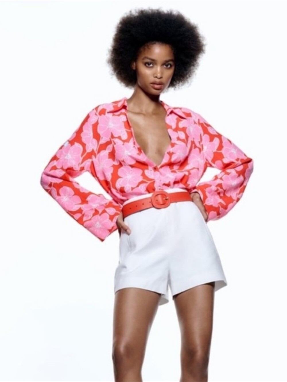Zara Red and Pink Floral Button Down Shirt Collared Long Sleeve